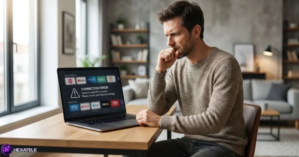 Homme frustré devant un écran avec un message d'erreur illustrant les limites d'un code IPTV gratuit