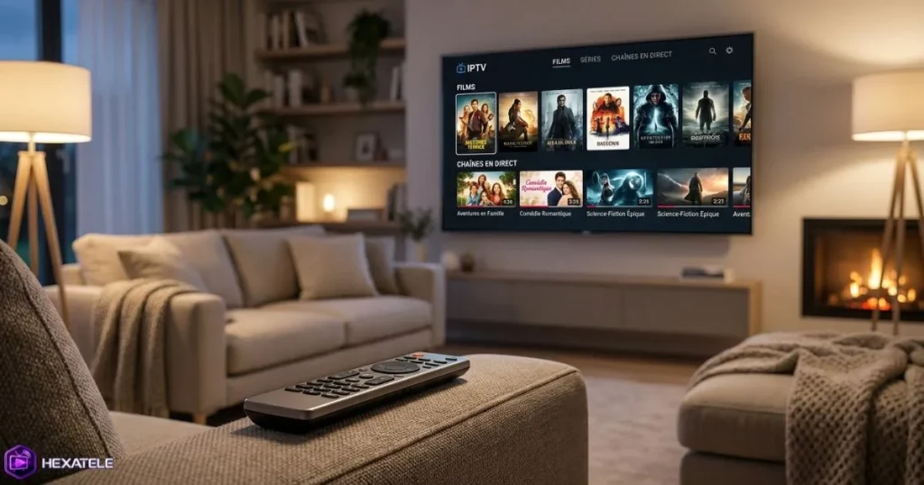 abonnement IPTV fiable sur Smart TV et télécommande dans un salon familial
