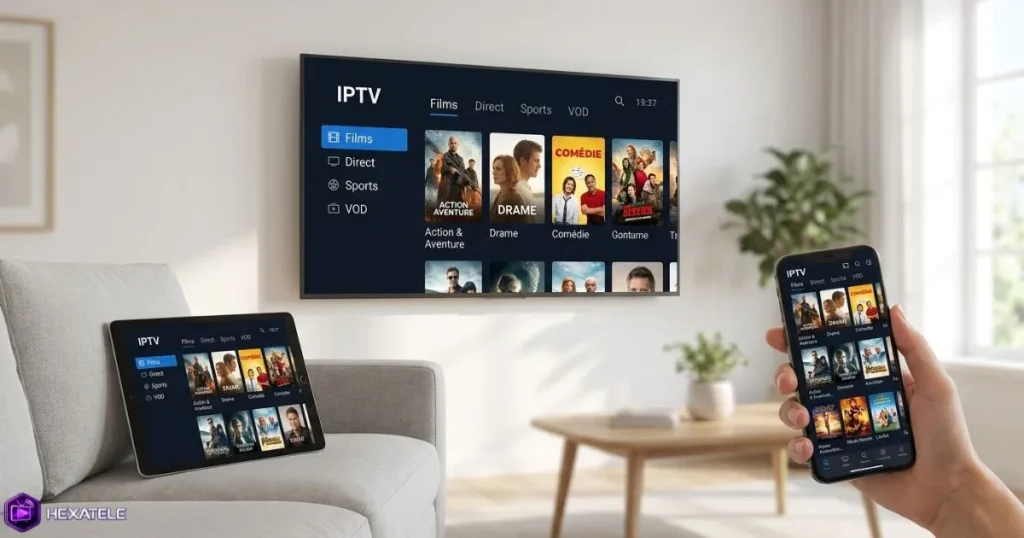 Test IPTV 24 heures sur plusieurs appareils : Smart TV, smartphone et tablette affichant une interface IPTV