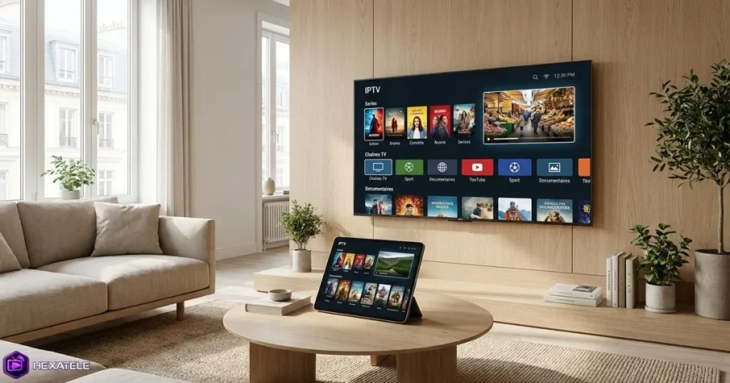 Interface IPTV Premium France affichée sur une Smart TV et une tablette dans un salon moderne