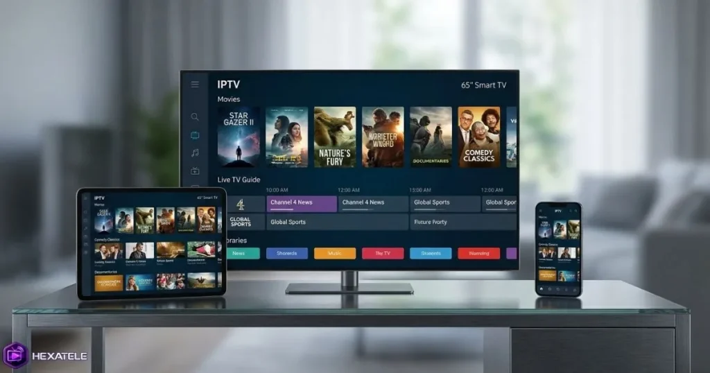 Multi-écrans compatibles avec un abonnement IPTV français : Smart TV, smartphone et tablette côte à côte