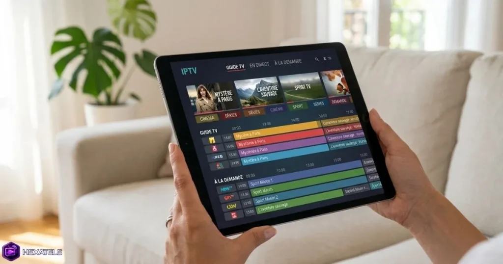 Guide électronique des programmes affiché sur tablette, illustration du programme TV IPTV en français