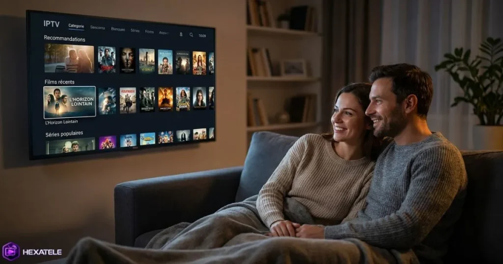 Essai IPTV avant abonnement : couple satisfait regardant un film en soirée sur grand écran