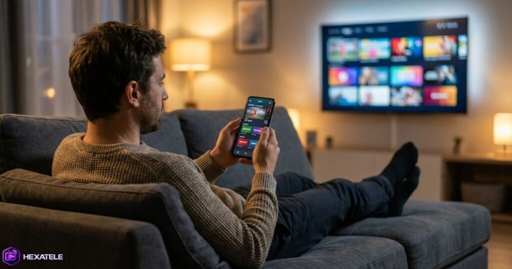 Homme consultant le programme de ses chaînes françaises IPTV sur smartphone depuis son canapé