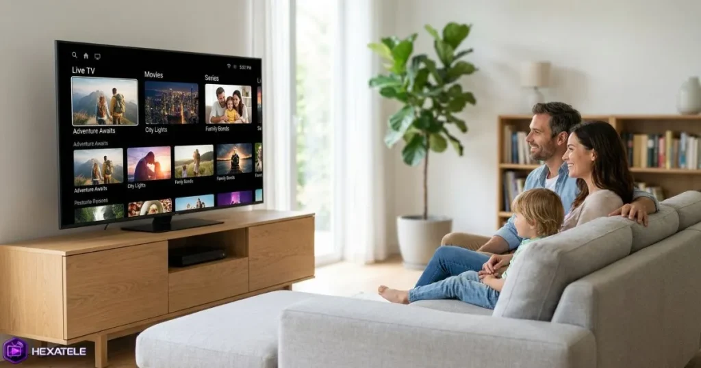 Famille utilisant un lien IPTV sur Smart TV dans un salon moderne