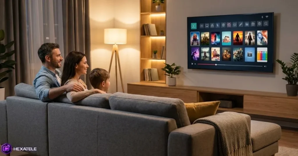 Une famille d'expatriés français regardant la télévision française hors de France ensemble