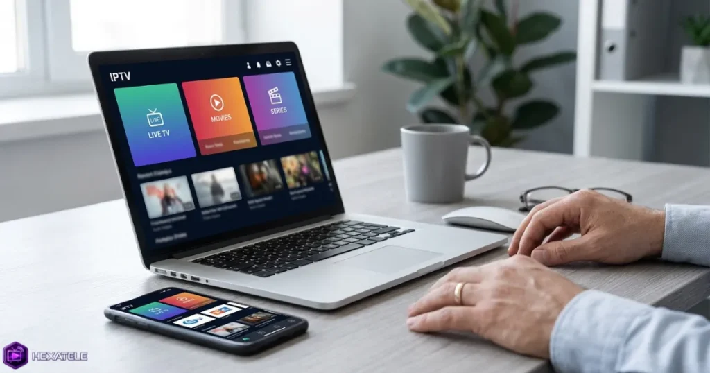 différents types d'identifiants IPTV affichés sur écran d'ordinateur et smartphone