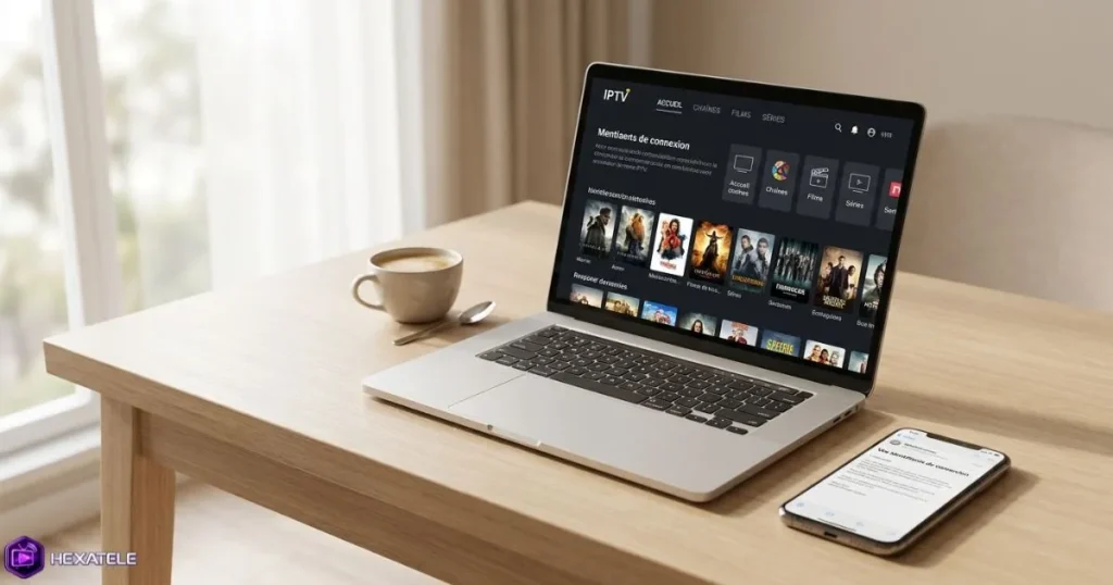 Période essai IPTV : interface de connexion sur ordinateur portable avec identifiants reçus par email
