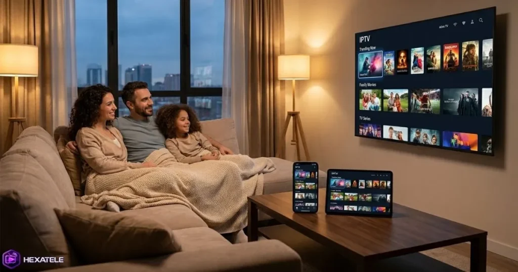 Famille profitant d'un serveur IPTV France stable sur plusieurs appareils en soirée