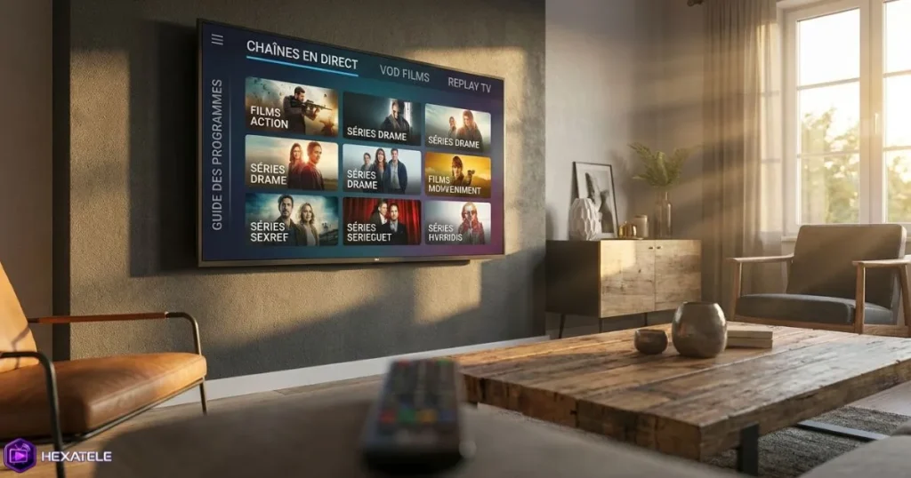Fonctionnalités IPTV comparées sur grand écran Smart TV dans un salon familial moderne