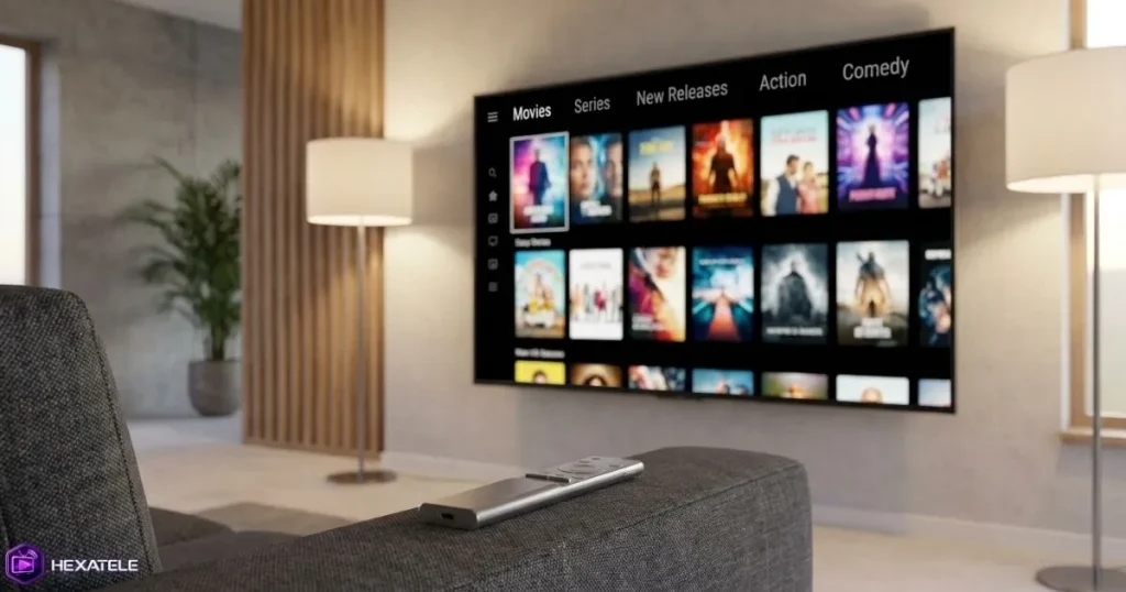 Interface VOD IPTV films et séries sur Smart TV dans un salon moderne