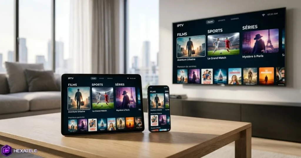 Service IPTV premium compatible multi-appareils - Smart TV, tablette et smartphone affichant le même contenu