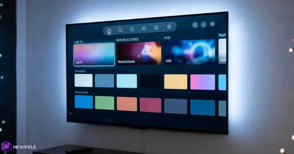 Interface IPTV et OTT affichant des chaînes en direct et contenus VOD