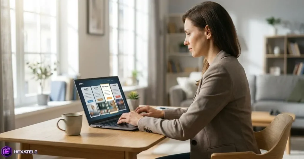 Comparaison des formules IPTV sur un ordinateur portable dans un espace de travail moderne