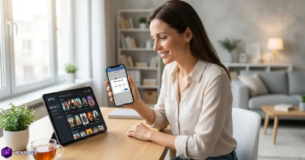 Femme qui configure un rappel de renouvellement IPTV sur son smartphone avec une tablette affichant une interface IPTV