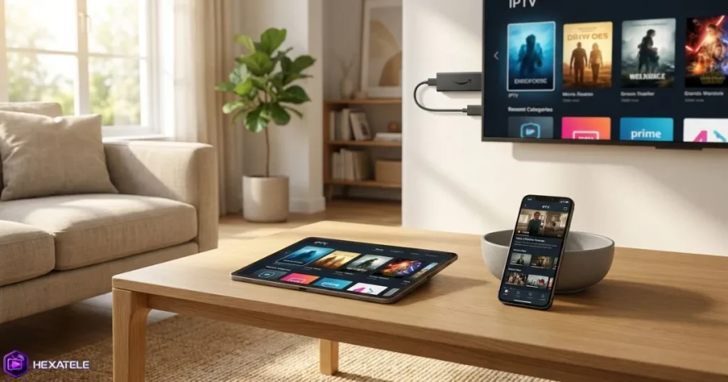 Plusieurs appareils compatibles avec un service IPTV France affichant une interface de streaming