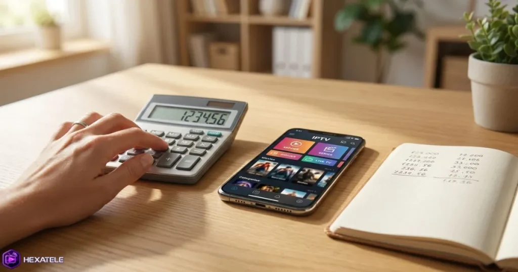 Calcul du coût mensuel IPTV avec une calculatrice et un smartphone sur une table