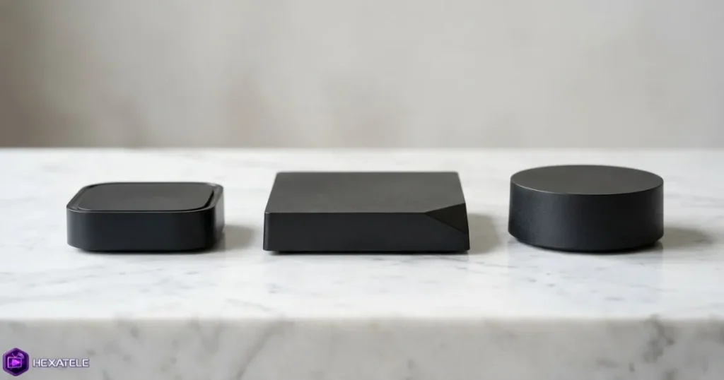 Comparaison de plusieurs clés IPTV Android posées côte à côte sur une surface moderne