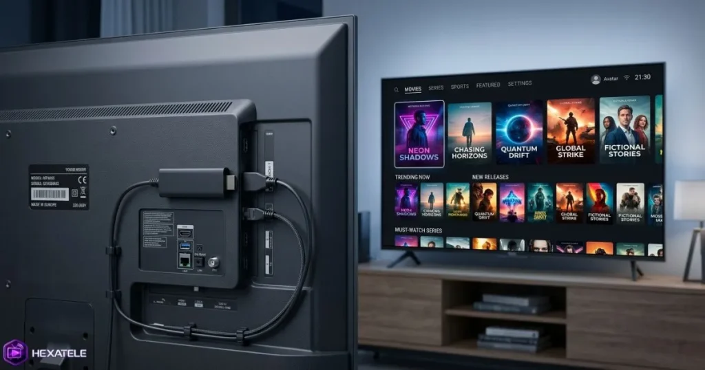 IPTV Fire Stick branché sur téléviseur avec interface de streaming visible
