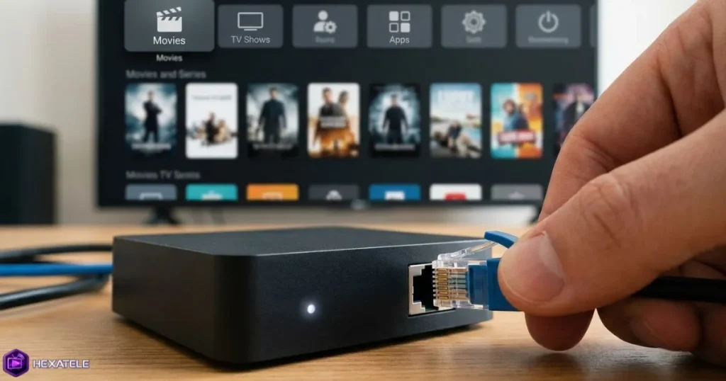 câble Ethernet RJ45 branché sur un appareil IPTV pour une connexion stable et rapide