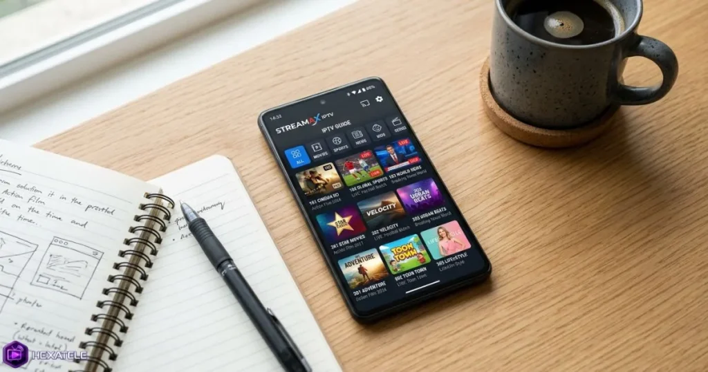 Lecteur IPTV gratuit configuré sur smartphone Android avec liste de chaînes