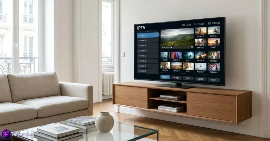 Service IPTV affiché sur une Smart TV avec interface de contenus