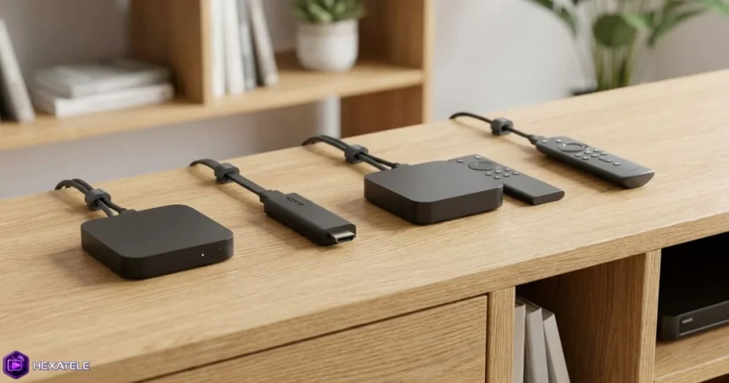 comparaison box IPTV Android et dongle HDMI posés côte à côte sur un meuble TV moderne