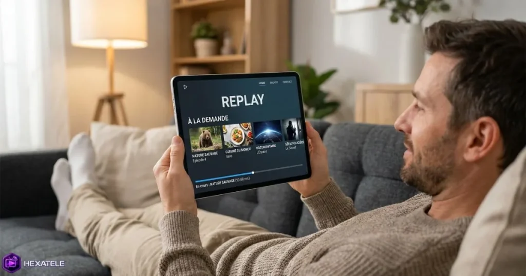 IPTV avec replay - homme regardant une émission en rattrapage sur sa tablette dans son canapé