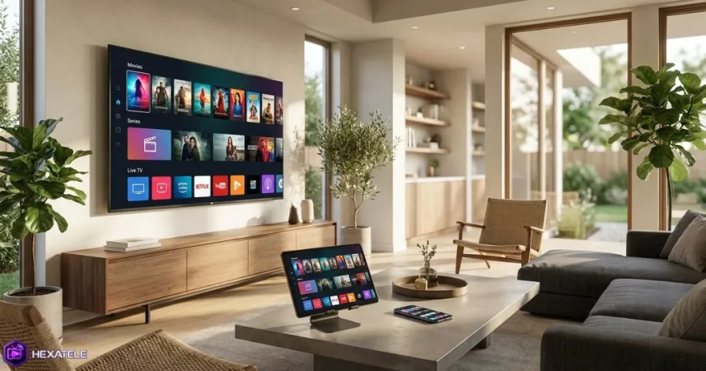 Interface d'abonnement IPTV sur plusieurs appareils compatibles dans un sAalon moderne