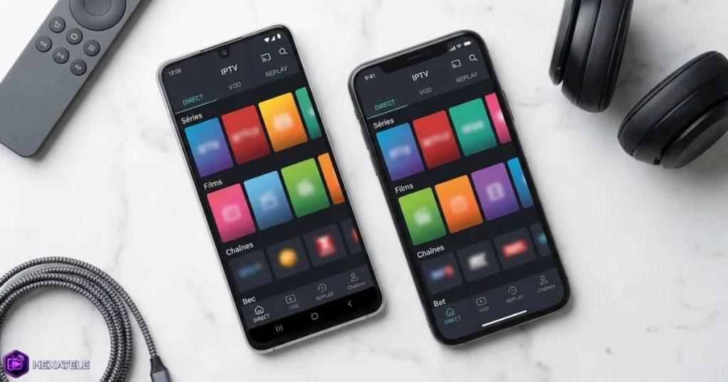 Application IPTV Android et application IPTV iPhone côte à côte sur des smartphones modernes
