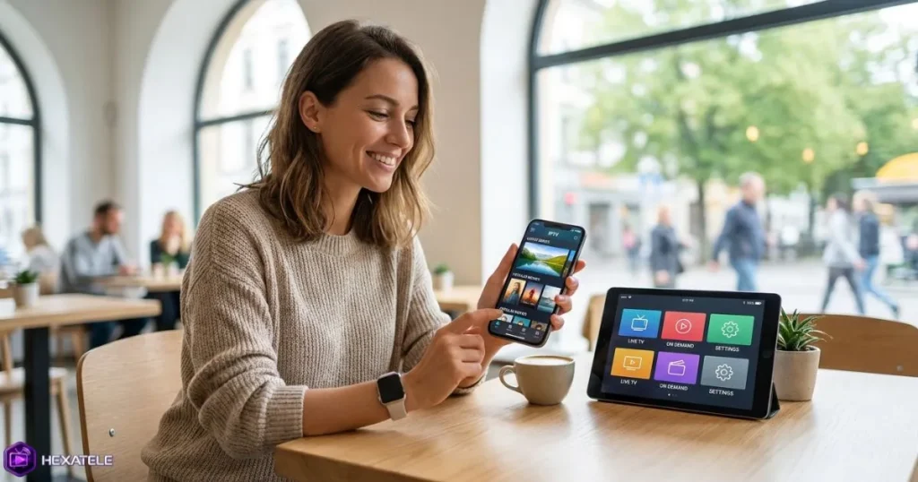 Personne utilisant un service OTT IPTV sur smartphone et tablette en mobilité
