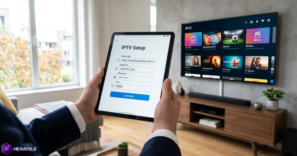Configuration application IPTV Android sur tablette et Smart TV dans un intérieur moderne