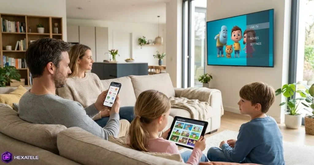 Famille utilisant plusieurs appareils IPTV simultanément à la maison