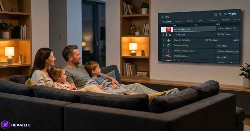 Famille profitant d'un abonnement IPTV longue durée sur Smart TV dans leur salon