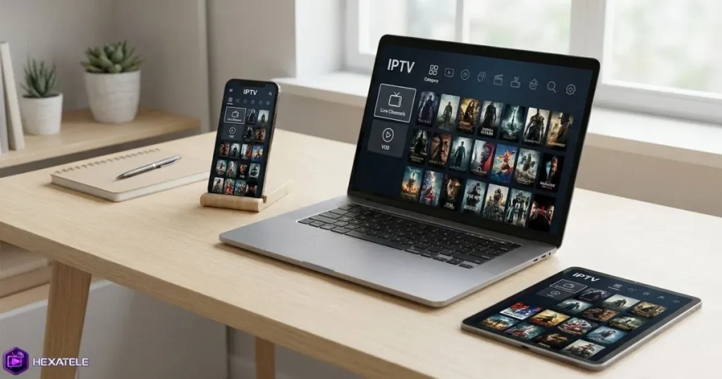 Interface d'abonnements IPTV affichée sur plusieurs appareils compatibles - Smart TV, smartphone et ordinateur