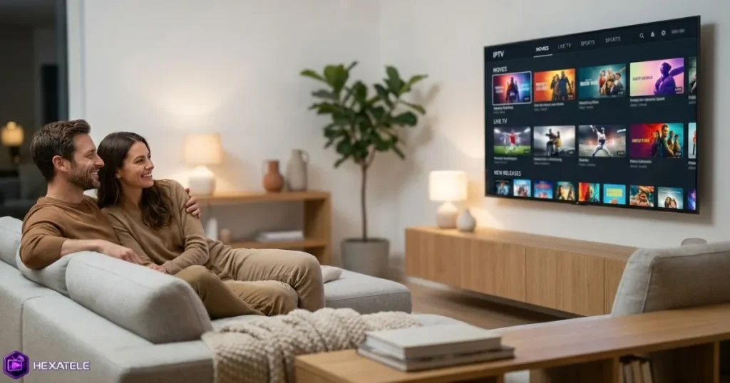 Abonnement IPTV débutant : profiter du streaming sur Smart TV dans un salon moderne