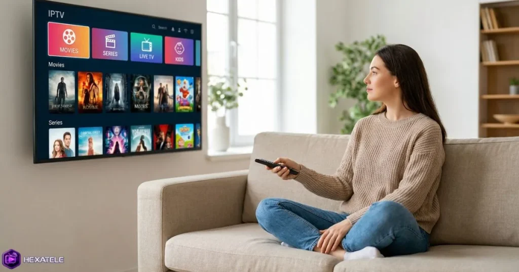 Personne testant une souscription IPTV sur Smart TV pendant la période d'essai gratuite
