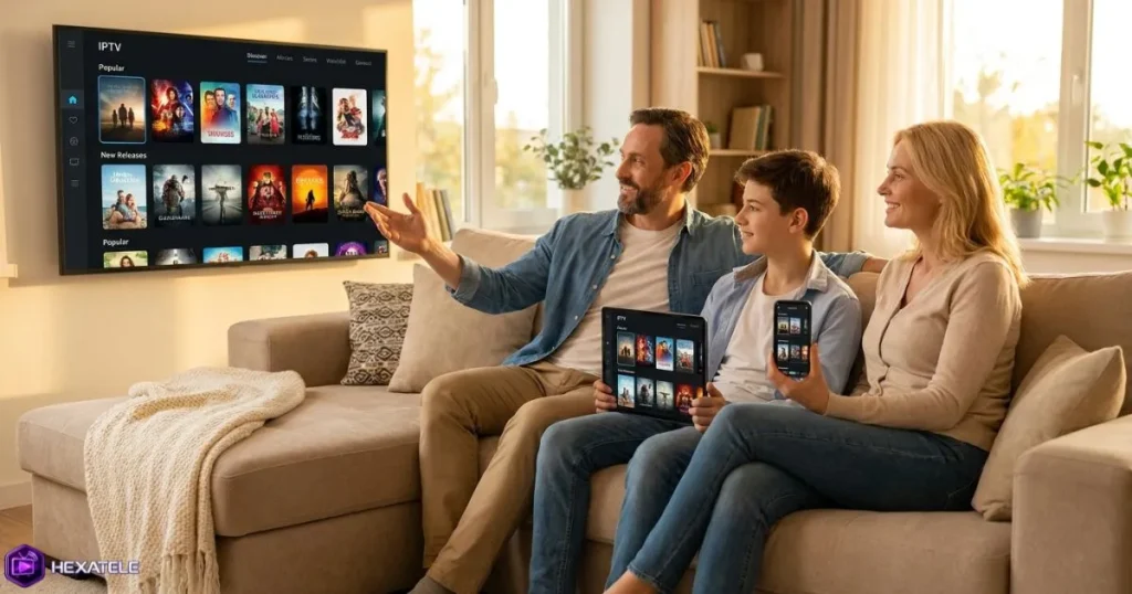 Famille testant une offre IPTV gratuite sur Smart TV, tablette et smartphone