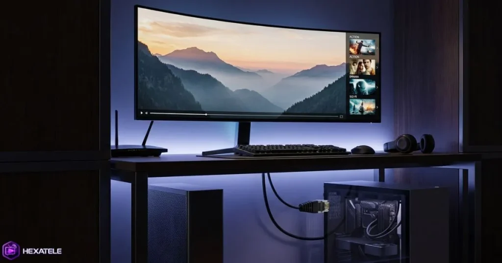 streaming IPTV PC en qualité 4K sur un moniteur large avec connexion Ethernet