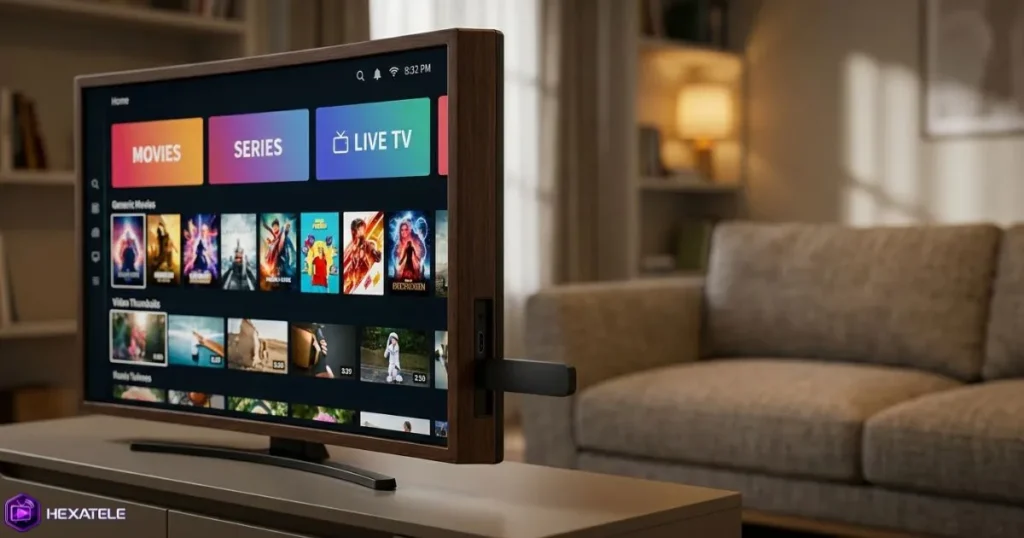 Clé IPTV Smart TV branchée sur un vieux téléviseur transformé en écran de streaming moderne
