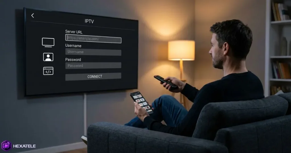 Configuration d'un lecteur IPTV sur une Smart TV dans un salon moderne