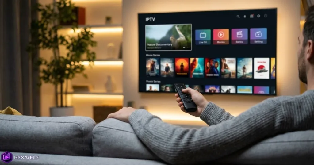 Interface d'un abonnement IPTV 4K sur Smart TV avec chaînes et contenus en streaming