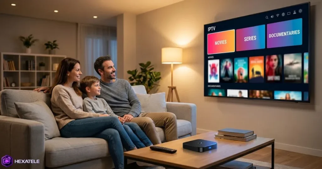 famille regardant du contenu sur une Smart TV via un récepteur IPTV dans un salon confortable