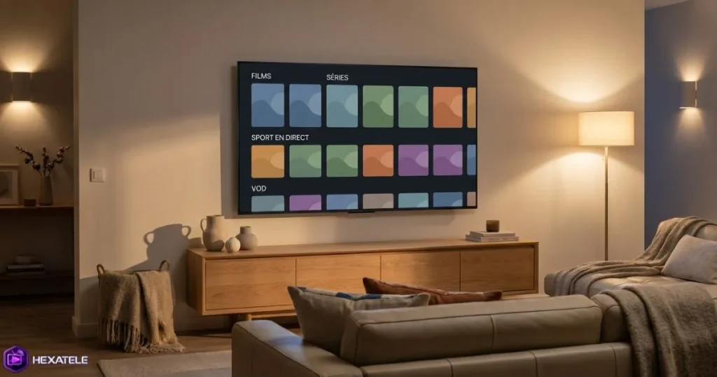 Essai gratuit abonnement IPTV sur Smart TV dans un salon moderne