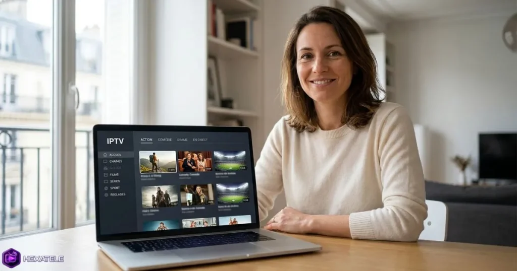 Offre IPTV premium avec période d'essai - femme testant l'interface IPTV sur un laptop à domicile