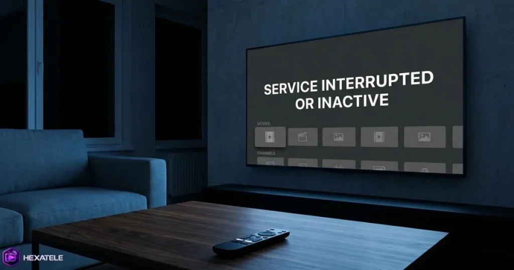 Écran noir d'une télévision après l'expiration d'un abonnement IPTV dans un salon sombre