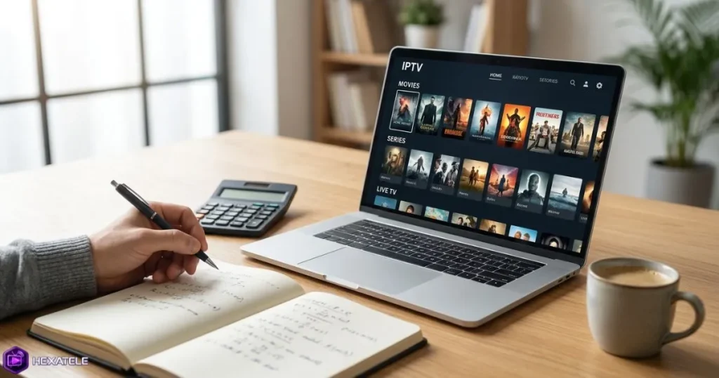 Comparaison d'un tarif IPTV sur ordinateur portable avec calculatrice et carnet de notes
