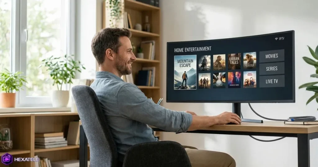 regarder IPTV sur ordinateur depuis un espace de travail moderne et confortable