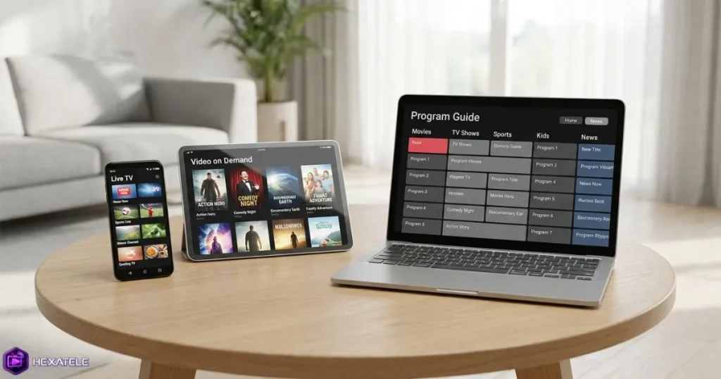 Interface d'accès IPTV affichée sur plusieurs appareils pour un abonnement fiable
