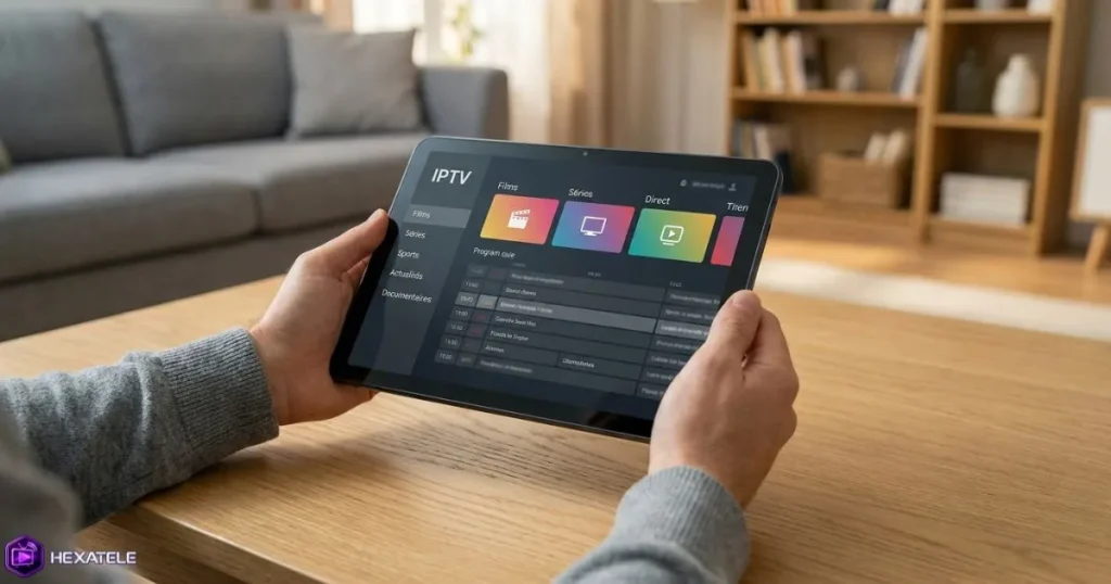 Interface d'un lecteur IPTV sur tablette Android avec guide des programmes visible